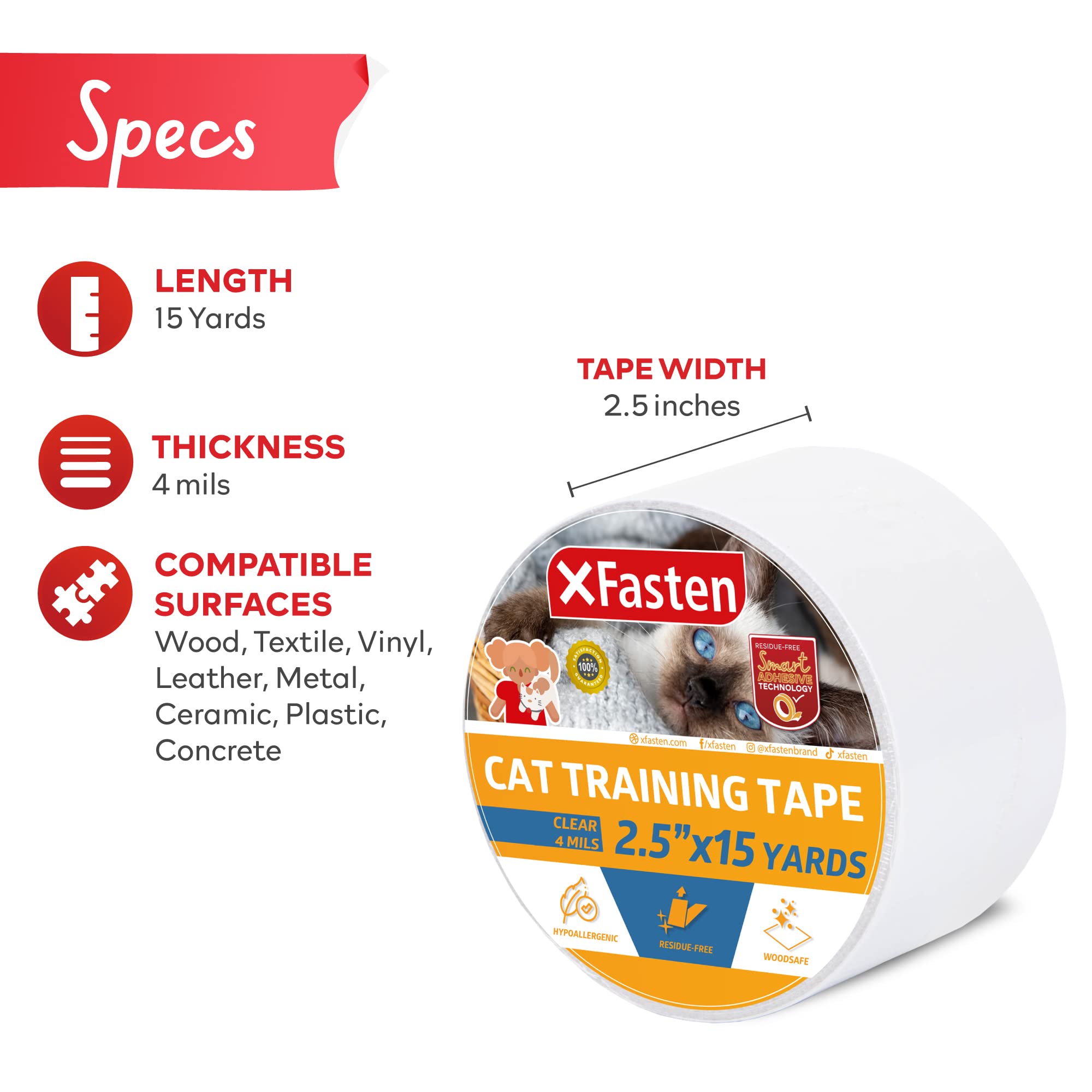 Xfasten Anti-Scratch Cat Training Tape, Clear, 2.5-Inches X 15 Yards (Single Roll), Door, Couch, Furniture And Leather Scratch G